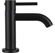 Mitigeur de lavabo noir mat au design cylindrique.
