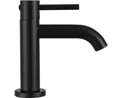 Mitigeur de lavabo noir mat au design cylindrique.
