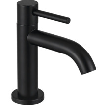 Mitigeur de lavabo monocommande noir mat avec bec courbé et levier de commande fin.