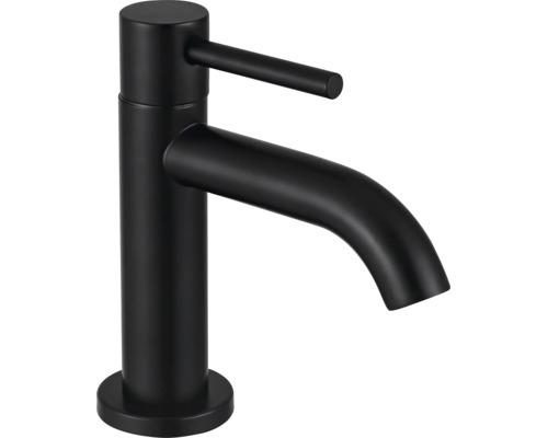 Mitigeur de lavabo monocommande noir mat avec bec courbé et levier de commande fin.