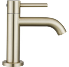 Mitigeur de lavabo monocommande aspect laiton avec corps cylindrique et bec courbé.