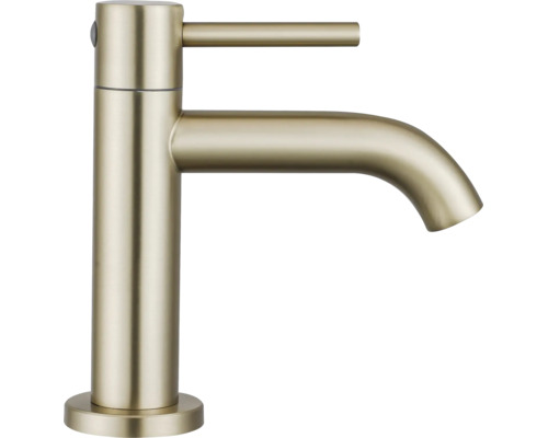 Mitigeur de lavabo monocommande aspect laiton avec corps cylindrique et bec courbé.