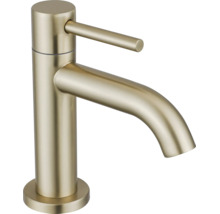 Mitigeur de lavabo monocommande en laiton brossé avec corps cylindrique et bec courbé.