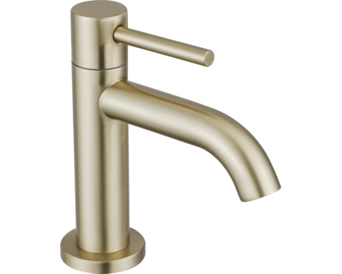 Mitigeur de lavabo monocommande en laiton brossé avec corps cylindrique et bec courbé.
