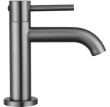 Mitigeur de lavabo monocommande en gris foncé avec bec courbé et corps cylindrique pour la salle de bain.