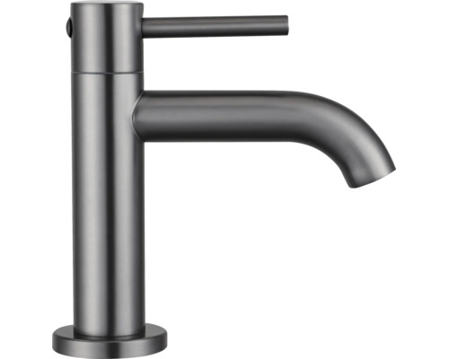 Mitigeur de lavabo monocommande en gris foncé avec bec courbé et corps cylindrique pour la salle de bain.