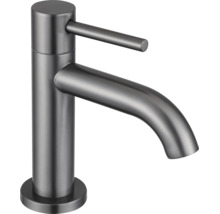 Mitigeur de lavabo monocommande en acier inoxydable brossé gris foncé de design moderne.