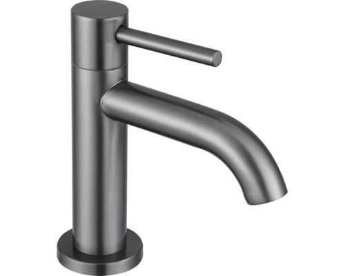 Mitigeur de lavabo monocommande en acier inoxydable brossé gris foncé de design moderne.