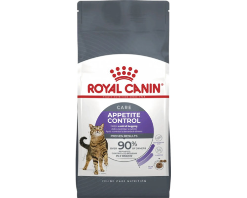 Packung Royal Canin Appetite Control Katzenfutter mit einer getigerten Katze auf der Vorderseite.