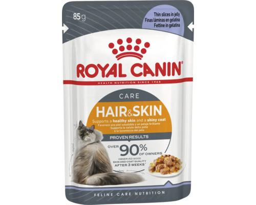 Royal Canin Care Hair und Skin nourriture pour chats, fines tranches en gelée, sachet de 85 grammes.