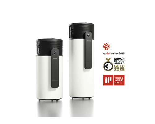 Deux chauffe-eau thermodynamiques blancs Stiebel Eltron avec les prix Red Dot Winner 2025, German Design Award Gold 2025 et iF Design Award 2025.