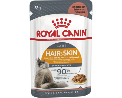 Nourriture humide pour chats Royal Canin Hair et Skin Care, sachet de 85 grammes pour une peau saine et un pelage brillant.