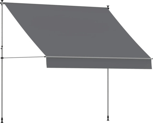 Store à pinces gris avec tiges télescopiques en métal pour balcon ou terrasse.