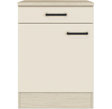 Küchen-Unterschrank mit Schublade und Tür, beige Fronten, schwarze Griffe, Arbeitsplatte und Sockel in Holzoptik.