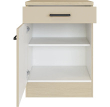 Küchenunterschrank mit einer Schublade, einer Tür und einem Einlegeboden in Holzoptik.