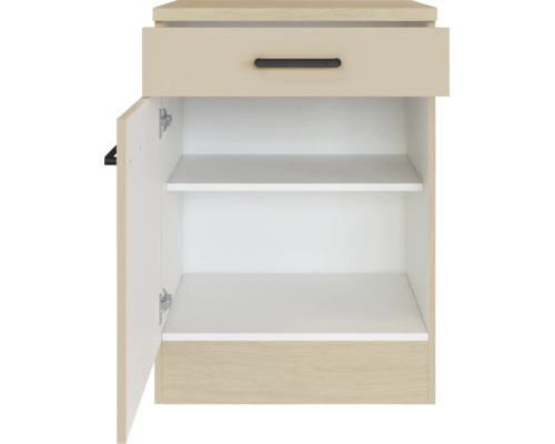 Küchenunterschrank mit einer Schublade, einer Tür und einem Einlegeboden in Holzoptik.