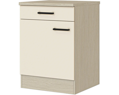 Küchenunterschrank mit einer Schublade, einer Tür, schwarzen Griffen, Korpus in Holzoptik und cremefarbenen Fronten.