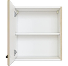 Badezimmer-Wandschrank mit einer geöffneten Tür, einem Einlegeboden und Korpus in Holzoptik.
