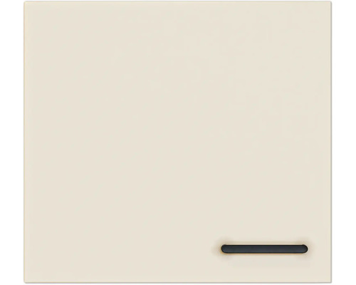 Beige Küchenfront mit einem schwarzen horizontalen Griff an der unteren rechten Seite.