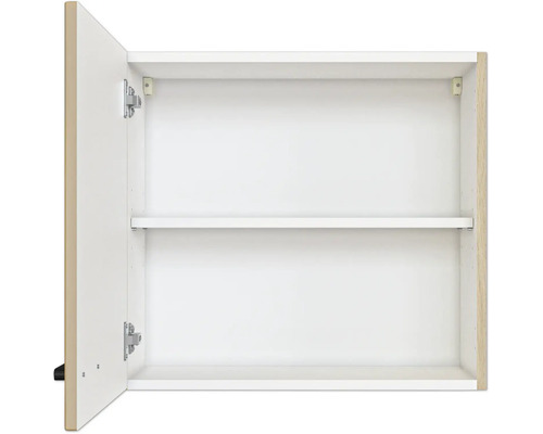 Wandhängender Schrank mit einer offenen Tür, einem Einlegeboden und Korpus in Holzoptik.