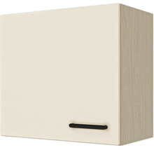 Oberschrank mit einfarbiger Front, Korpus in Holzoptik und schwarzem Griff.