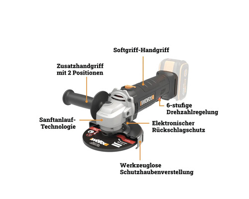 Meuleuse d'angle sans fil Worx avec poignée softgrip, poignée auxiliaire, démarrage progressif, réglage de vitesse et protection anti-recul.