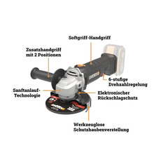 Meuleuse d'angle sans fil Worx avec poignée softgrip, poignée auxiliaire, démarrage progressif, réglage de vitesse et protection anti-recul.