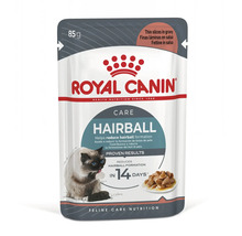 Nourriture humide pour chats Royal Canin Hairball Care, fines tranches en sauce pour réduire les boules de poils, sachet de 85 grammes.