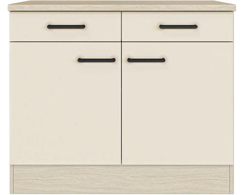 Küchen-Unterschrank mit zwei Schubladen und zwei Türen, helle Fronten, Arbeitsplatte und Sockel in Holzoptik, schwarze Griffe.