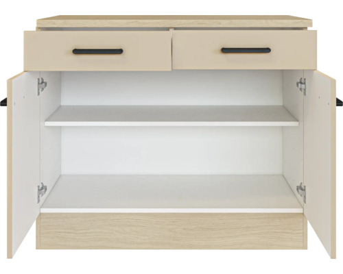 Küchenunterschrank mit zwei Schubladen und zwei offenen Türen, ein Einlegeboden, Holzoptik und helle Fronten.
