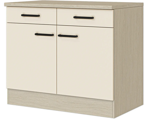 Küchen-Unterschrank mit zwei Schubladen, zwei Türen und schwarzen Griffen, helle Fronten und Korpus in Holzoptik.