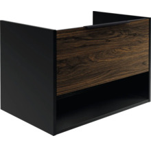 Meuble sous-vasque avec parois latérales noires, un tiroir à façade aspect bois foncé nervuré et une niche ouverte en bas.