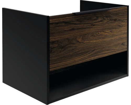 Meuble sous-vasque avec parois latérales noires, un tiroir à façade aspect bois foncé nervuré et une niche ouverte en bas.