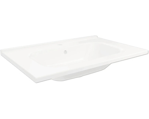 Lavabo pour meuble en céramique blanche de forme rectangulaire avec un large rebord et un trou de trop-plein.