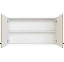 Weißer Küchenoberschrank mit zwei geöffneten Türen und einem Einlegeboden.