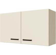 Zweitüriger Küchenoberschrank mit beigefarbener Front, Korpus in Eiche-Optik und schwarzen Griffen.