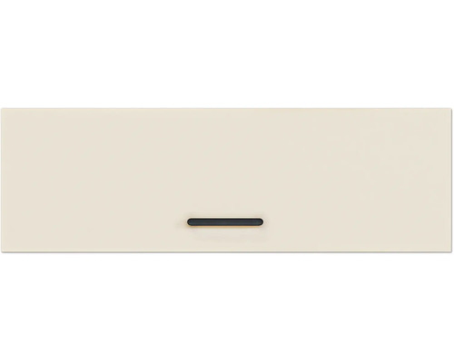 Beige Schubladenfront mat schwaarzem horizontalem Grëff.
