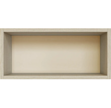 Étagère murale rectangulaire aspect bois avec panneau arrière beige.