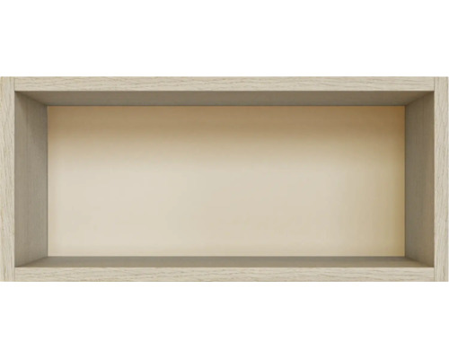 Étagère murale rectangulaire aspect bois avec panneau arrière beige.