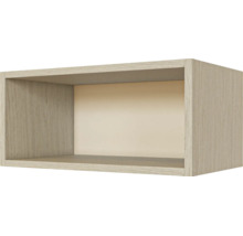 Étagère murale rectangulaire aspect bois avec compartiment ouvert.
