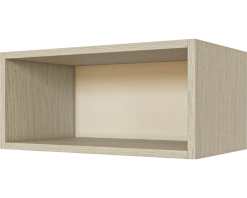 Étagère murale rectangulaire aspect bois avec compartiment ouvert.