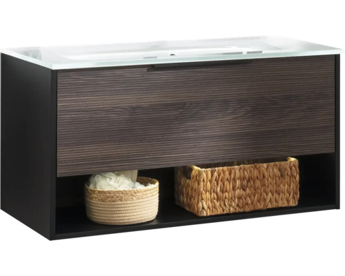Waschtischunterschrank mit Waschbecken, eine Schublade mit dunkler Holzoptik, offenes Fach mit zwei geflochtenen Körben.