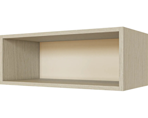 Étagère murale rectangulaire aspect bois, design ouvert.