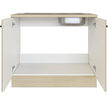 Spülenunterschrank mit geöffneten Türen, Innenansicht mit Spülbecken und Korpus in Holzoptik.