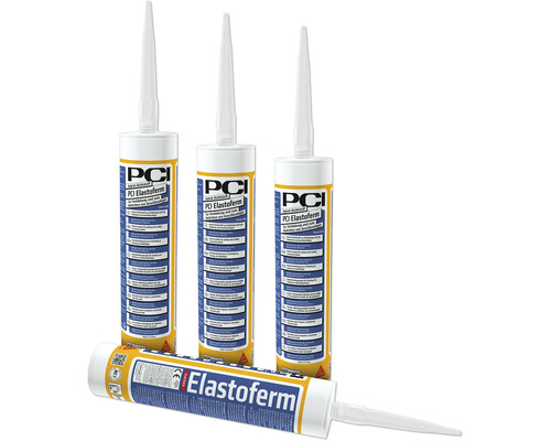 PCI Elastoferm Hybrid-Dichtstoff in Kartuschen zur Verklebung und zum Abdichten von Anschlussfugen.