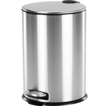 Poubelle à pédale ronde en acier inoxydable brillant avec couvercle et pédale.