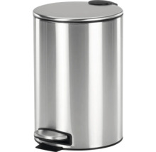 Poubelle à pédale ronde en acier inoxydable avec couvercle plat et pédale pour salle de bain ou cuisine.