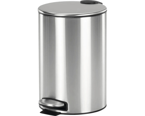 Poubelle à pédale ronde en acier inoxydable avec couvercle plat et pédale pour salle de bain ou cuisine.