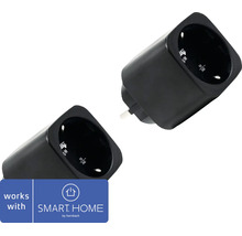 Deux prises connectées noires Shelly Plug S. Logo SMART HOME by hornbach.
