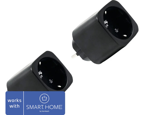 Deux prises connectées noires Shelly Plug S. Logo SMART HOME by hornbach.